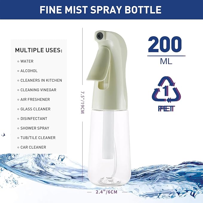 TANSHINE Continuous Spray Bottle for Hair,Ultra Fine Mist Water Hair Spray Bottles,Mister Spray Bottle,Refillable Plastic Sprayer for Hairstyling,Cleaning,Alcohol, Plants,Salons,6.8oz/200ml,Green