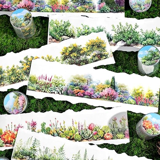 6 Rolls Colorful Floral Washi Tape Set Spring Plant Landscape Scrapbook Tape Vintage Flower Stickers for Journaling Supplies Transparent PET Washi Tapes Junk Journal Scrapbooking Craft Decorative Tape