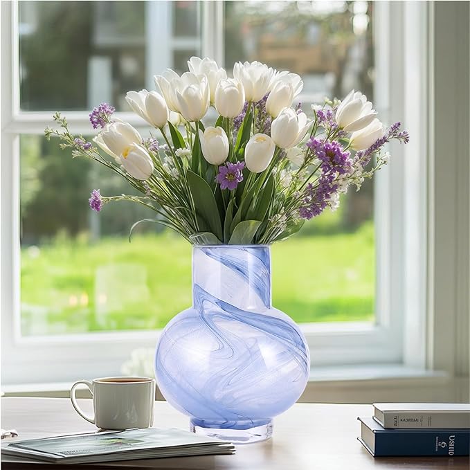 Blue Hand Blown Glass Wide Mouth vase for Home Decoration Short Round Glass vase for Living Room, Dining Table, Bookcase, TV Cabinet, Bookshelf and Office Desktop Decoration.