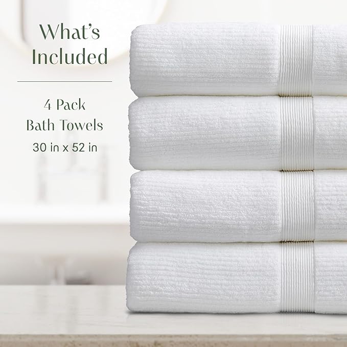 Springtree Home White Bath Towels Set of 4 | Ribbed Textured | 100% Combed Cotton | Absorbent Quick-Dry Towels for Bathroom | Oeko-TEX® Standard 100 Cotton | Mauro Collection - Bright White