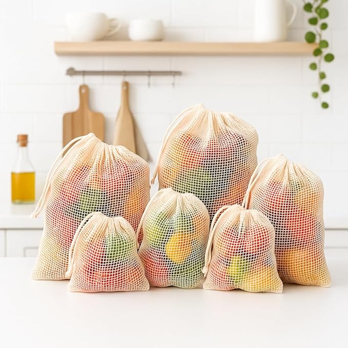 Premium Organic Reusable Mesh Produce Bags, Pack of 6(2L+2M+2S) Washable Mesh bags for Vegetables, Durable, Double Stitched Produce Bags, Machine Washable - Beige