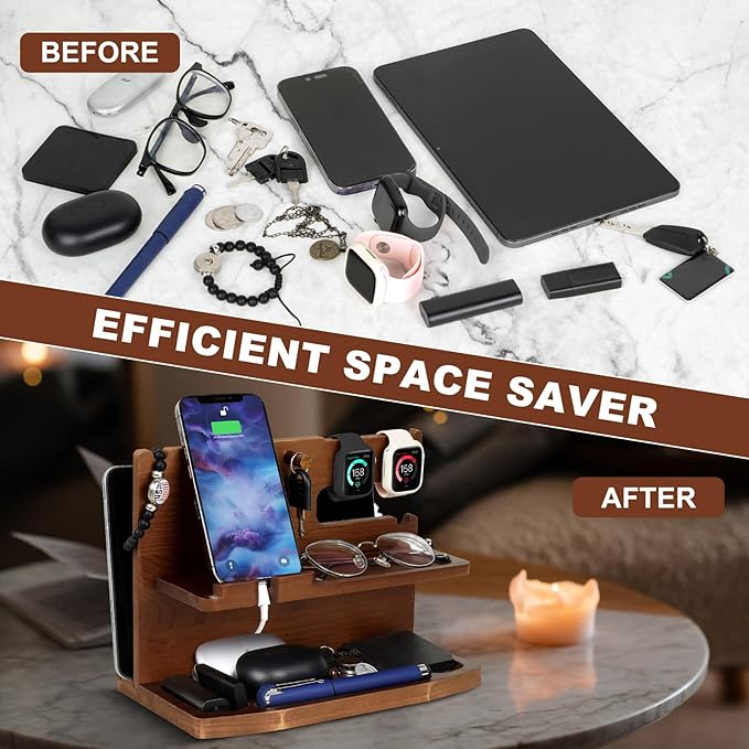 Gifts for Men Desk or Nightstand Organizer - Wood Phone Docking Station - Birthday Gifts for Husband, Fathers Day for Dad - Anniversary Idea from Wife - Key Holder, Stand Wallet, Watch & Essentials