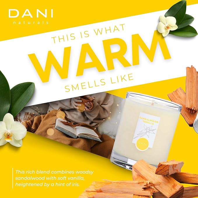 DANI Naturals Soy Candle - Sandalwood Vanilla Scented - 100% Pure Soy Wax, Kosher, Eco-Friendly, Non-Toxic, Long-Lasting Burn - 7.5 oz