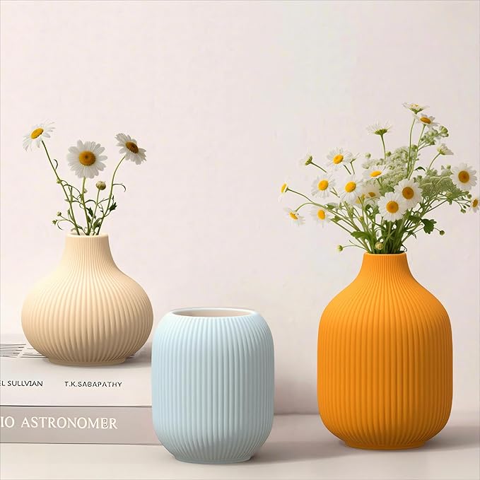 Set of 3 Vibrant Ceramic Vases in Light Blue, Mustard Yellow and Beige - Modern Minimalist Ribbed Decor for Centerpiece, Farmhouse Living Room, Kitchen Shelf, Gift Idea