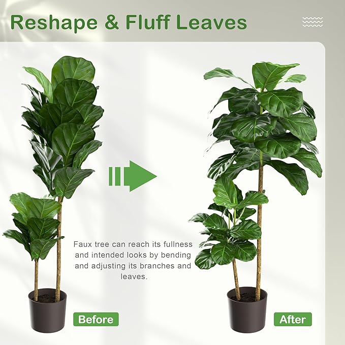 VECELO Artificial Fiddle Leaf Fig Tree 4FT(51in), Tall Fake Floor Plants with Realistic Leaves and Branches in Plastic Pot for Indoor Outdoor Living Room Home Decor