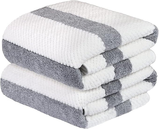 JML Bath Towels Set Pack of 2, Microfiber Bath Towel for Body, 30" x 60", Large, Oversized, Soft, Super Absorbent, Fast Drying, Use for Suana, Shower, Pool, Sport, Fitness, Yoga, Waffle Stripe Grey