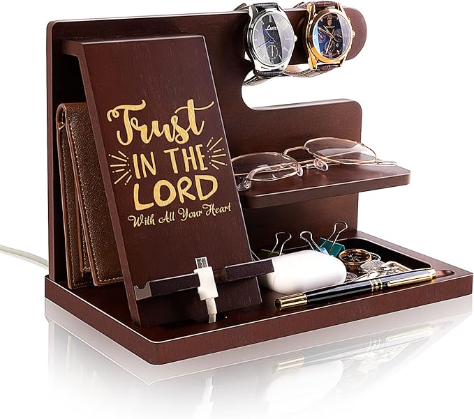 awofer Personalized Wood Phone Docking Station For Men - Trust In The Lord - Key Holder Wallet Stand Watch Organizer Men Gift Husband Boyfriend Dad Son Birthday Christmas Gifts With Bible Verse