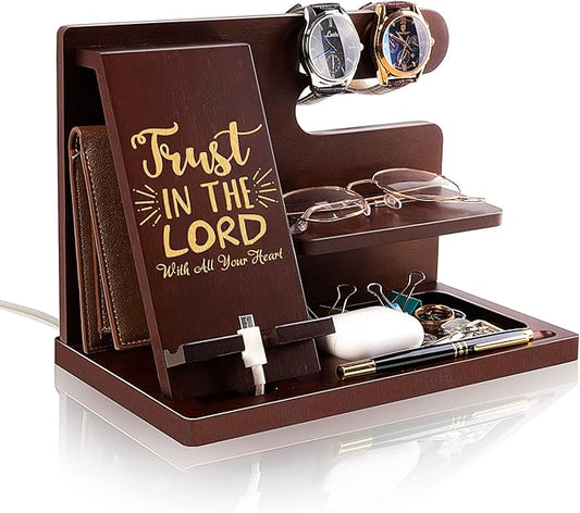 awofer Personalized Wood Phone Docking Station For Men - Trust In The Lord - Key Holder Wallet Stand Watch Organizer Men Gift Husband Boyfriend Dad Son Birthday Christmas Gifts With Bible Verse