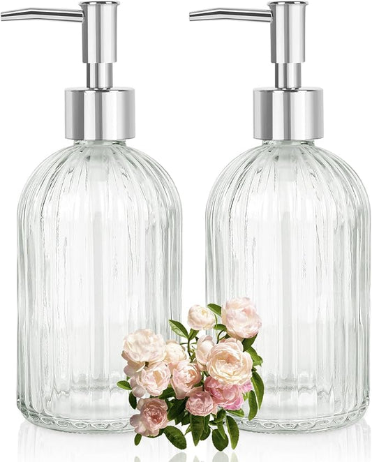 Glass Soap Dispenser with Plastic Pump, Hand Soap Dispenser for Hand Wash, Lotion Dispenser for Dishwashing Liquid, Lotion Shower Gel (Striped Transparent)