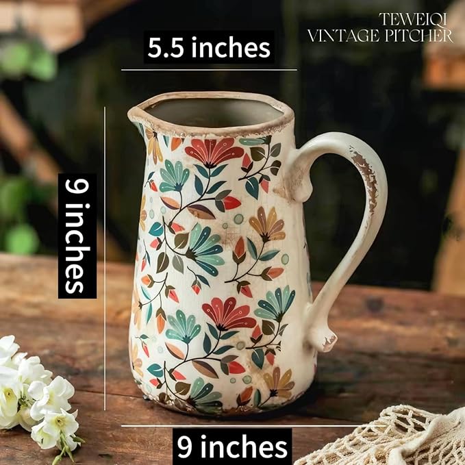 Vintage Colorful Flower Ceramic Vase with Handle, Retro Ice Glazed Crack Farmhouse Pitcher Vase for Home Decor, Living Room, Shelf, Office, Rustic Table Centerpiece 9 Inch