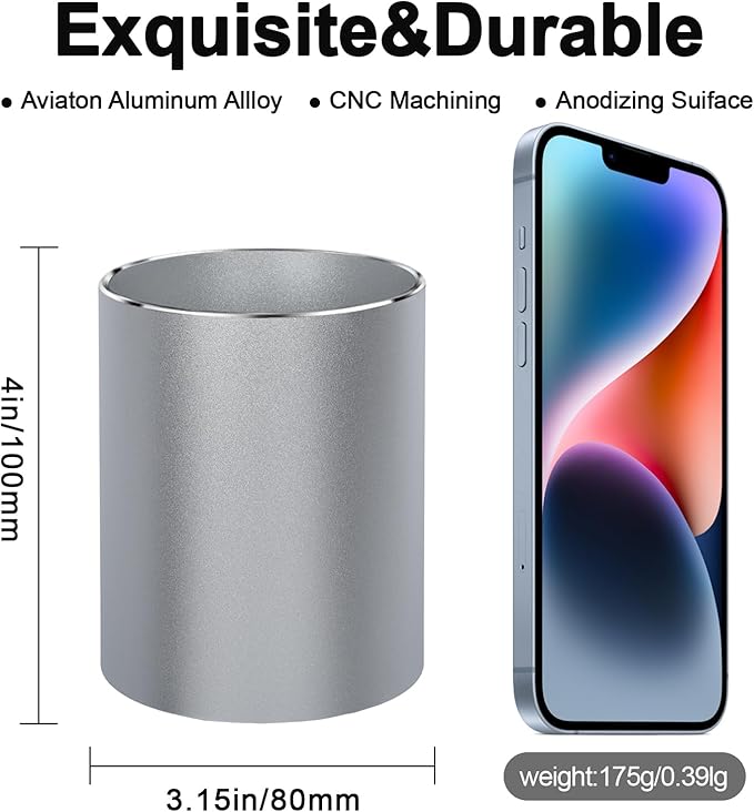 Metal Pen Holder Aluminum Pencil Holder Desktop Organizer Black for Office, School, Home 3.15 x 3.15 x 3.94 Inches-Silver