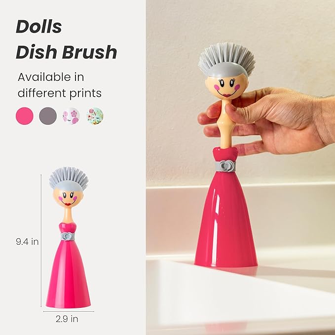 Vigar Dolls Dish Brush with Ergonomic Handle and Dress-Shaped Brush Holder, Dish Brush with Handle for Kitchen Dishes and Sink Cleaning, Pink, Gray
