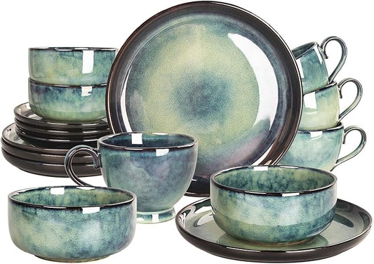 Ceramic Dinnerware (16 pcs) Serve 4 people, Plates and Bowls Sets,Handmade Reactive Glaze Dishes Set,Chip Resistant and Scratch Resistant,Dishwasher, Microwave Safe