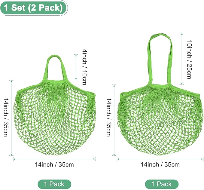 2-Pack Cotton Mesh Bag, Reusable Washable Mesh Net String Grocery Bags, Reusable Produce Bags with Handle, Net Tote Bag for Fruits/Vegetables Shopping [Green, Long&Short Handle]
