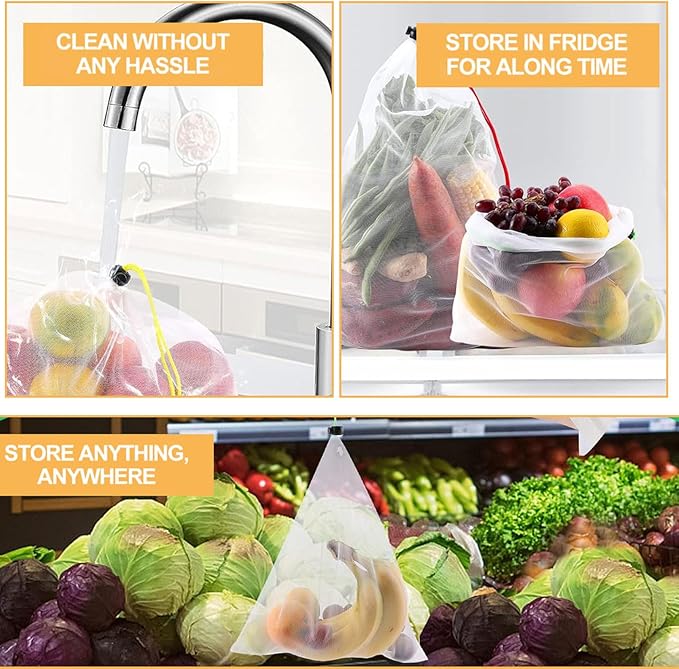20 Pack Reusable Produce Bags, Washable Produce Mesh Bags, Durable Vegetable Fruits Bag, See-Through Toy Storage Mesh Bag with Drawstring for Fruits Vegetables Fridge Storage Toys, 3 Sizes