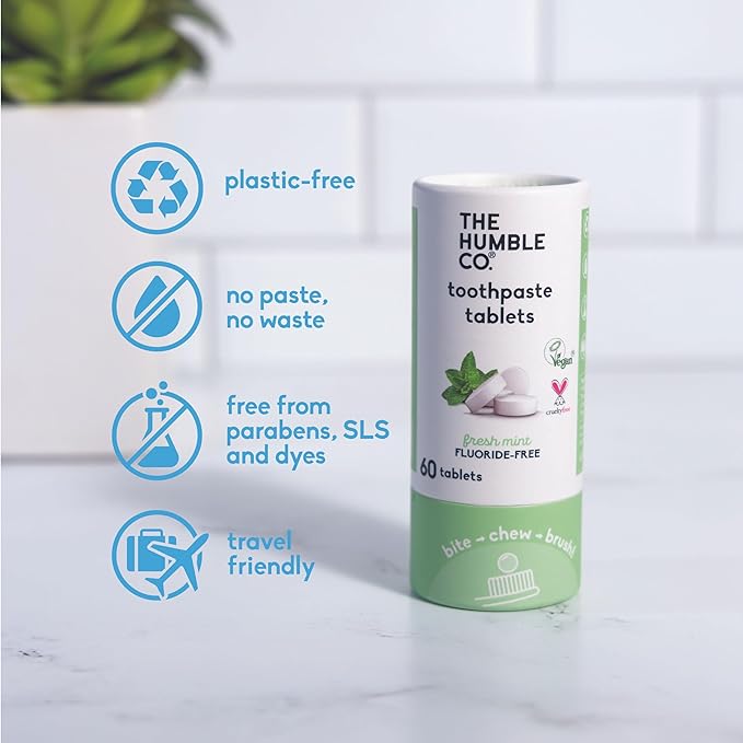 The Humble Co Fluoride-Free Chewable Toothpaste Tablets, Mint - Bite, Chew, Brush - Zero Water & Plastic Free Toothpaste Tabs - Travel-Friendly & Waste-Free Dental Oral Care Hygiene - 180 Count