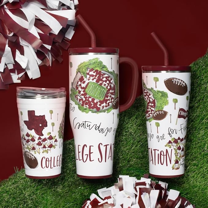 Swig Life 32oz Straw Tumbler, Travel Coffee Tumbler with Lid, Cup Holder Friendly Travel Coffee Mug, Stainless Steel, 32 oz Reusable Insulated Coffee Mug (Saturdays In College Station)