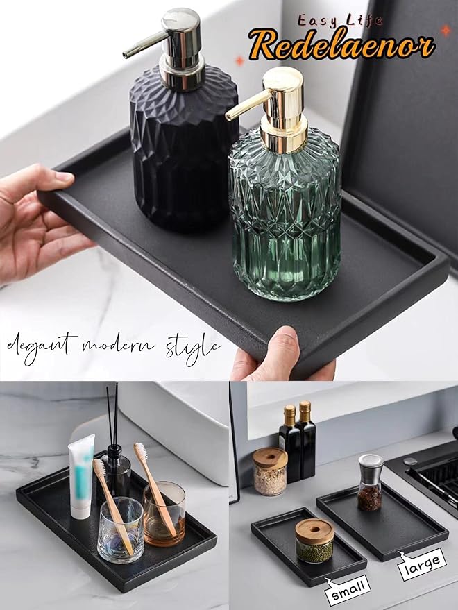 Ceramic Makeup Tray Redelaenor, Black Bathroom Accessories Holder for Kitchen Sink Organizer and Home Decorative Tray Rectangle Small Bathroom Sink Trays for Counter