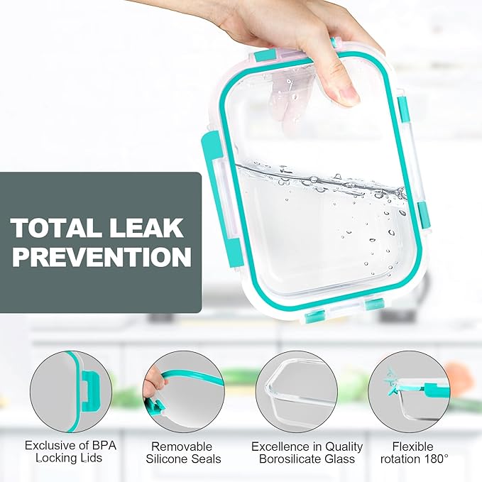 VERONES 10Pack 22OZ Glass Meal Prep Containers, Airtight Glass Lunch Containers Set, Glass Food Storage Containers with Lids,Exclusive of BPA, for Microwave, Oven, Freezer&Dishwasher Friendly,Green