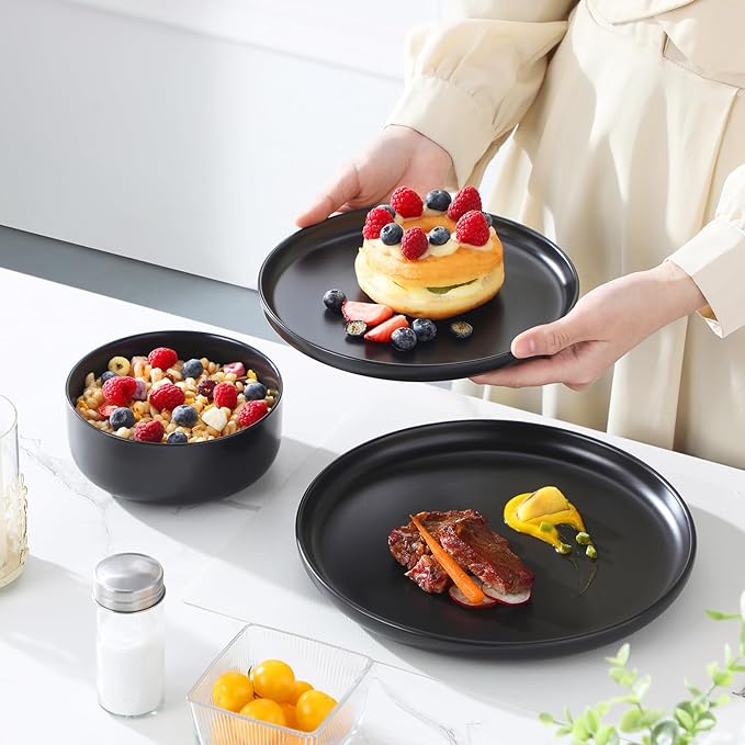 MALACASA Plates and Bowls Sets, 12 Pieces Porcelain Dinnerware Set for 4 Kitchen Dinner Ware Set Ceramic Dishware Dishes Microwave and Dishwasher Safe, Black, Series LUNA
