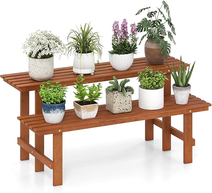 Giantex 2 Tier Wood Plant Stand, Ladder Plant Shelf for Multiple Potted Plants with Teak Oil Finish, Indoor & Outdoor Flower Pot Holder, Corner Display Rack for Balcony, Living Room, Garden