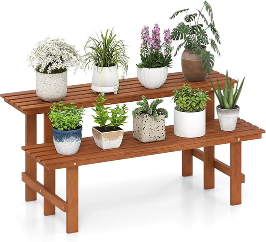 Giantex 2 Tier Wood Plant Stand, Ladder Plant Shelf for Multiple Potted Plants with Teak Oil Finish, Indoor & Outdoor Flower Pot Holder, Corner Display Rack for Balcony, Living Room, Garden