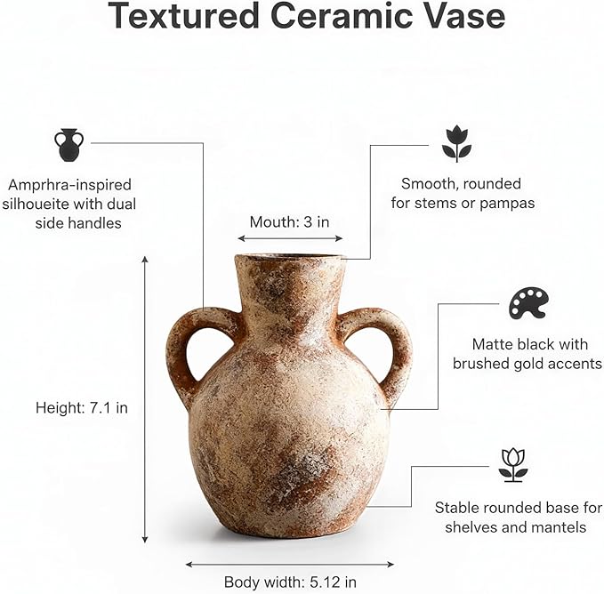 7.1-Inch Terracotta Ceramic Flower Vase with Handles, Rustic Farmhouse Boho Pottery Decor for Table, Living Room & Shelf