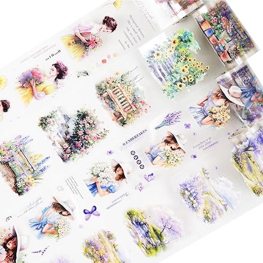 Garden and Girl PET Tape Set, 4 Rolls Pre-Cut Adhesive Tapes for Scrapbooking, Journaling, DIY Crafts, and Art Supplies