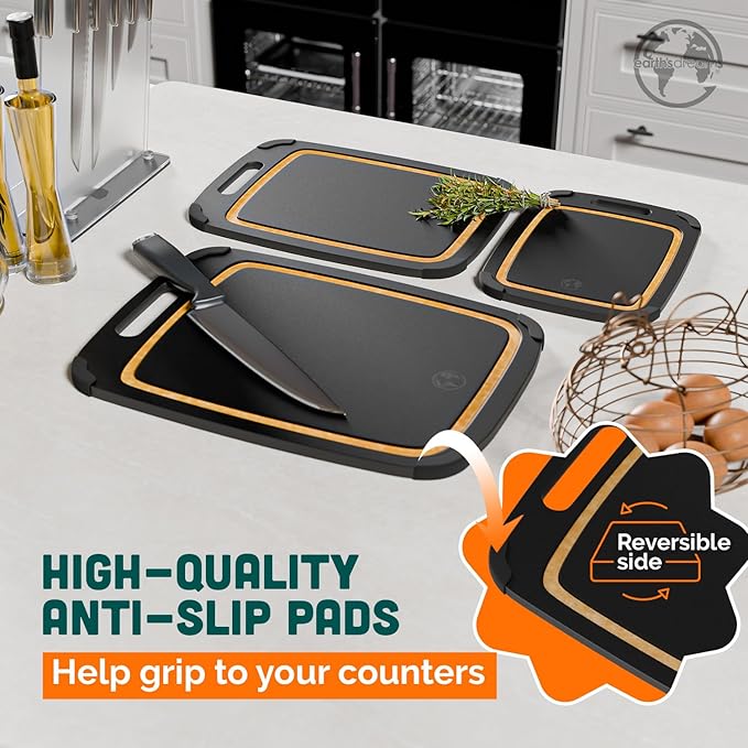 Earth’s Dreams Wood Cutting Board Set 3-Piece: Small, Large & Extra Large - Charcuterie Board, Non-Plastic, Non-Toxic, Heavy-Duty, Dishwasher Safe (Black/Tan)