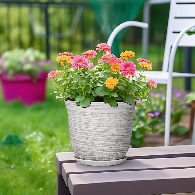 Ceramic Plant Pots - 8 Inch Plant Pot with Drainage Hole and Saucer, Round Flower Pots for Indoor Outdoor, Modern Planter, Decorative Planters, Home Apartment Decor, Gardening Gifts, Grey