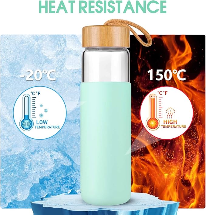 Borosilicate Glass Water Bottles with Silicone Sleeve BPA Free, Dishwasher Safe - Reusable Clear Glass Drinking with Leak Proof Bamboo Lid (Pure Blue, 25 Ounces)