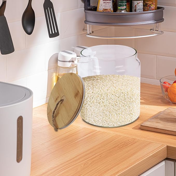 Rice Storage Container,Glass Cereal Dispenser Countertop with Bamboo Lid,Clear Airtight Food Storage Containers,135 Oz (4000ml) Kitchen Food Jars,Pantry Canister for Coffee Bean,Flour Sugar