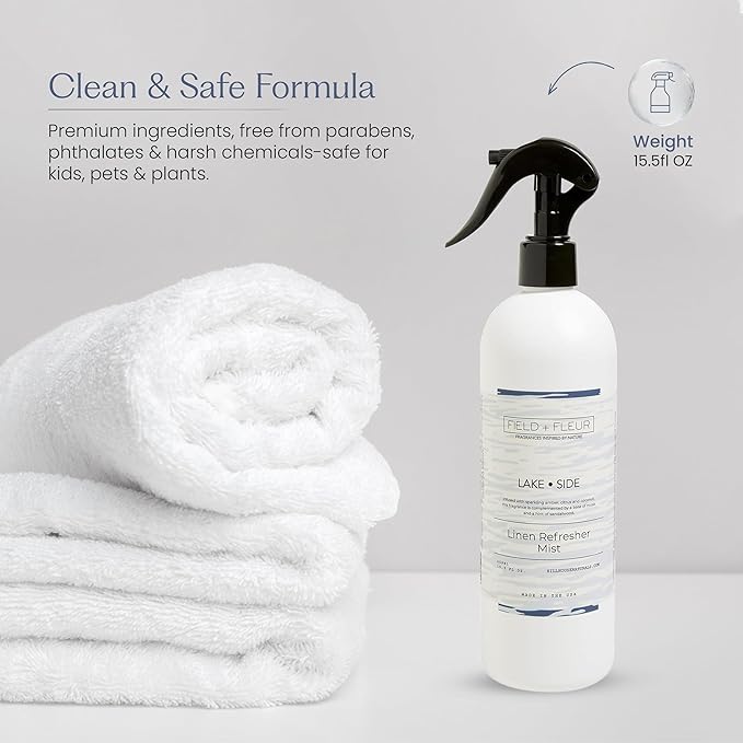 FIELD FLEUR Lake Side Linen & Room Spray 15.5 oz - Aromatic & Refreshing Bedding & Fabric Mist – Air Freshener for Clothes & Sofas - Notes of Amber, Citrus, Coconut, Musk & Sandalwood - Made in USA