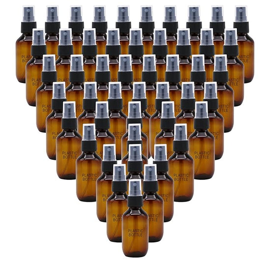 SYNTECSO 48 Pack 2oz Amber Plastic Spray Bottles, Fine Mist Spray Bottles for Essential Oils, Water Spray Bottle for Hair Plant & Cleaning Solution