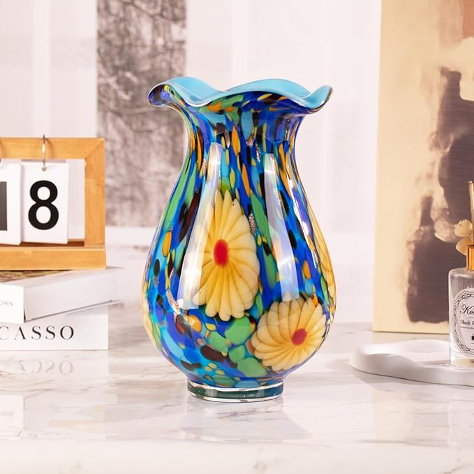 KAMMAK Colored Glass Vase, Beautiful Hand Blown Decorative Vase, Modern Art Vase for Flower Mantle Dining Table Centerpiece, Entryway Living Room Wedding Decoration, FH027