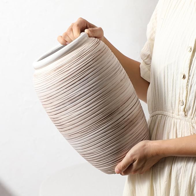 ALMA Wide Mouth Large Ceramic Vase, 12'' Tall White Rustic Pampas Grass Vase for Table Centerpieces, Boho Decorative Vase for Living Room, Farmhouse, Entryway, Mantel, Bookshelf, Home Decor