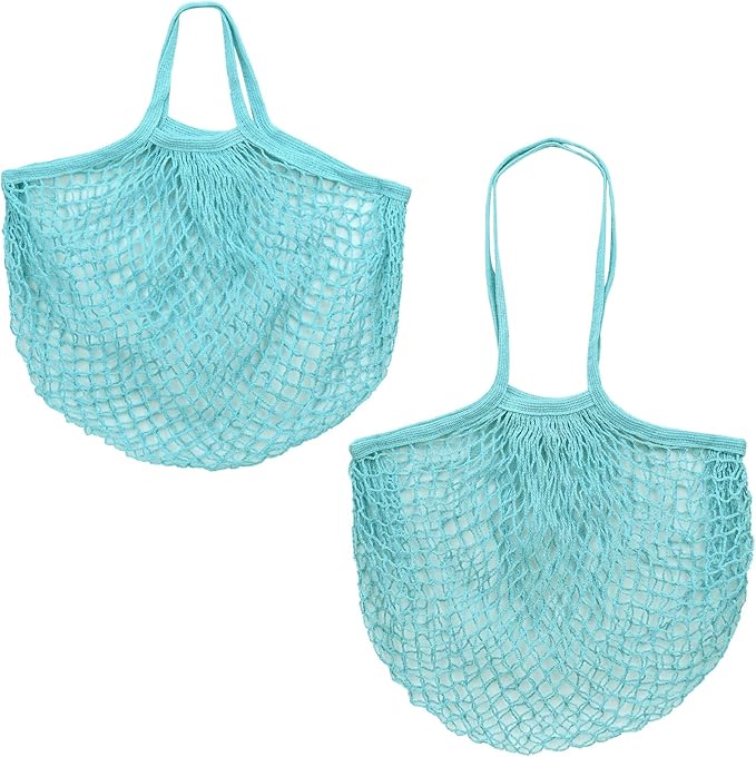 2-Pack Cotton Mesh Bag, Reusable Washable Mesh Net String Grocery Bags, Reusable Produce Bags with Handle, Net Tote Bag for Fruits Shopping [Blue-Green, Long&Short Handle]