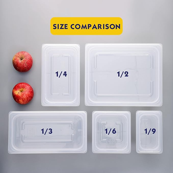6 Pack 1/6 Size 4'' Deep Plastic Food Pans with Lids, Translucent, Commercial, BPA-free, Stackable Storage for Restaurants, Buffets