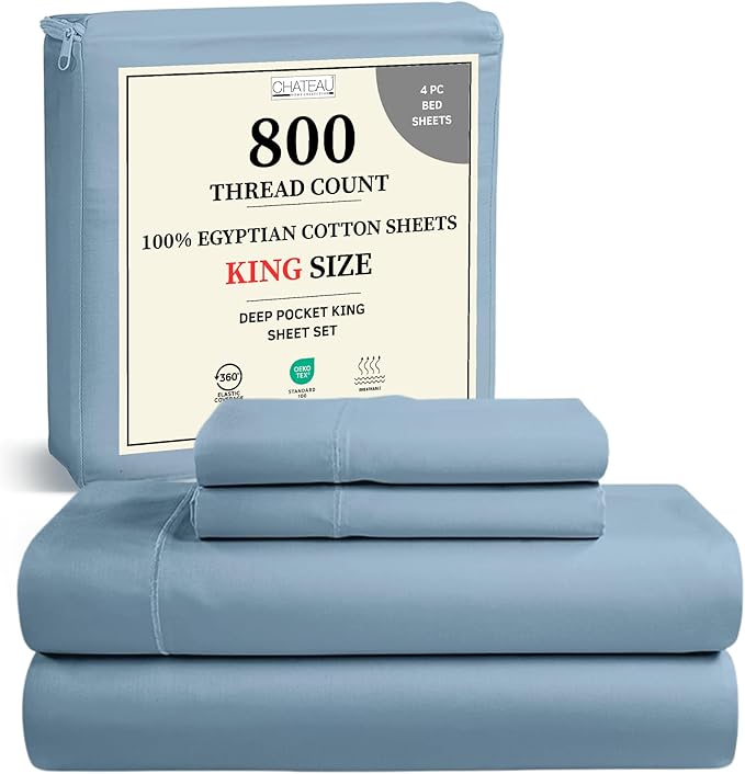 100% Egyptian Cotton Sheets For King Size Bed, 800 Thread Count Deep Pocket King Sheet Set, Elasticated Sheet & Pillowcase Sets, No Pill & Shrink, Soft & Comfy Naturally Cool & Breathable- French Blue