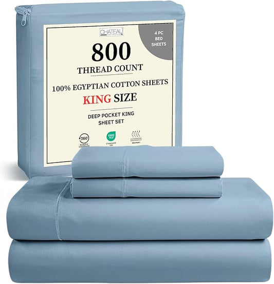 100% Egyptian Cotton Sheets For King Size Bed, 800 Thread Count Deep Pocket King Sheet Set, Elasticated Sheet & Pillowcase Sets, No Pill & Shrink, Soft & Comfy Naturally Cool & Breathable- French Blue