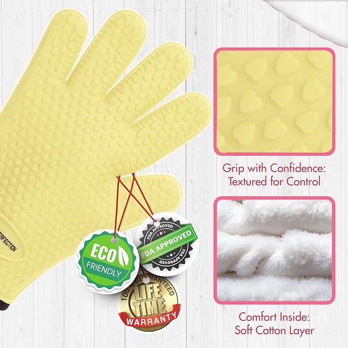 KITCHEN PERFECTION S Silicone Smoker Oven Gloves for Women -Extreme Heat Resistant BBQ Gloves -Handle Hot Food Right on Your Grill Fryer |Waterproof Oven Mitts Cooking Gloves |Superior Set+3 Bonuses