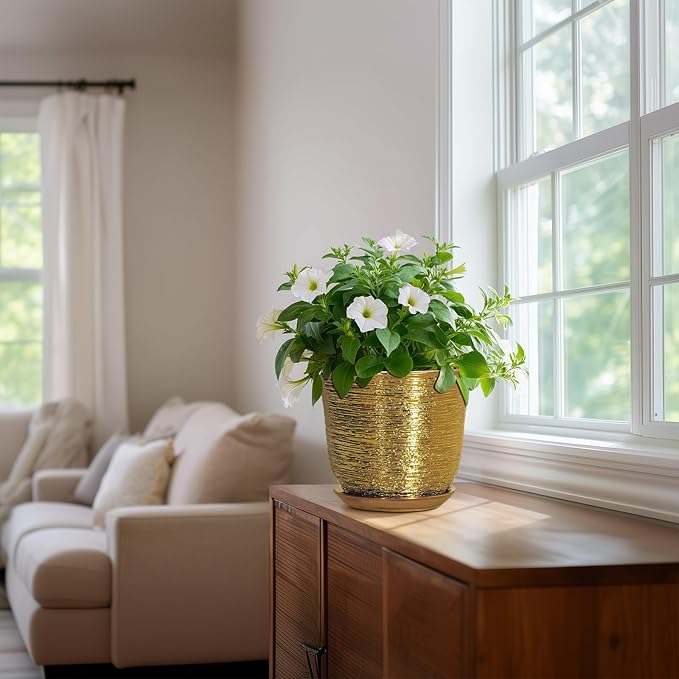 Ceramic Plant Pots - 8 Inch Plant Pot with Drainage Hole and Saucer, Round Planter for Indoor Outdoor, Modern Flower Pot, Decorative Planter, Garden Home Office Decor, Gardening Gifts, Gold