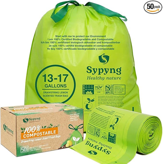 13-17 Gallon Compostable Trash Bags (50-Pack) Heavy-Duty & Durable, 1.1 Mil Thick | 100% Biodegradable for Large Bins | Certified ASTM D6400, BPI & OK Compost HOME, Eco-Friendly & Recyclable