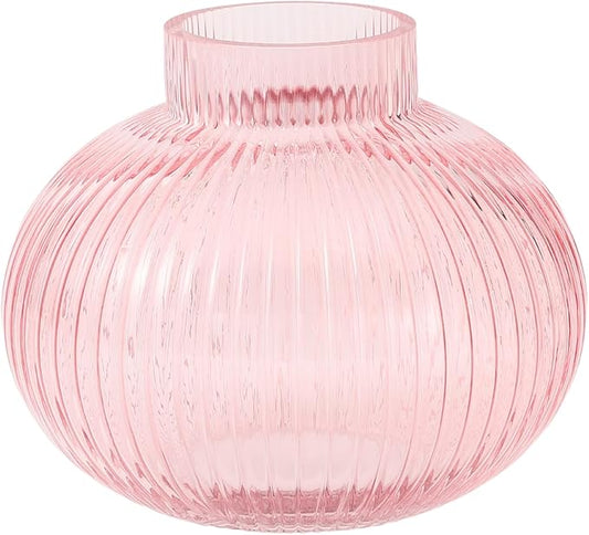 Pink Glass Vase for Flowers, Ribbed Glass Vase, Round Flower Vases for Tulips, Short Vases for Living Room, Office, Coffee Table, Shelf, Wedding, 6 Inches