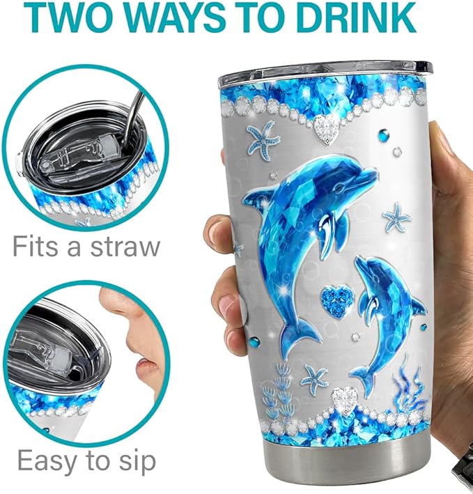 SANDJEST Dolphin Tumbler 20oz Stainless Steel Insulated Tumblers Coffee Travel Mug Cup Jewelry Drawings Style Gifts for Women Girls Teen Gift for Birthday Christmas