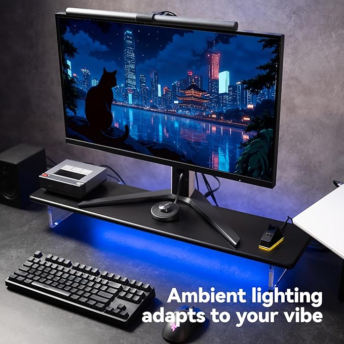 Bamboo Monitor Stand Riser with RGB Lights,31.5 Inches Desktop Shelf with Acrylic Legs Supports for Desk, PC Computer Monitor, Laptops, Printer, Speakers (Black)