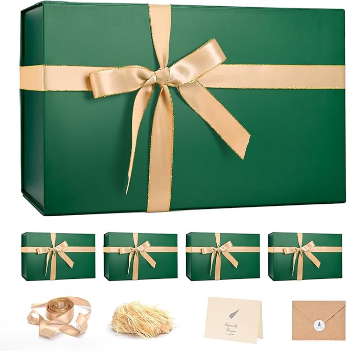 LIFELUM Green Gift Box 14"x8.5"x4.5" Christmas Gift Boxes with Lids for Presents for Anniversary Wedding Proposal Birthday Gift boxes with Shredded Filler Card Ribbon