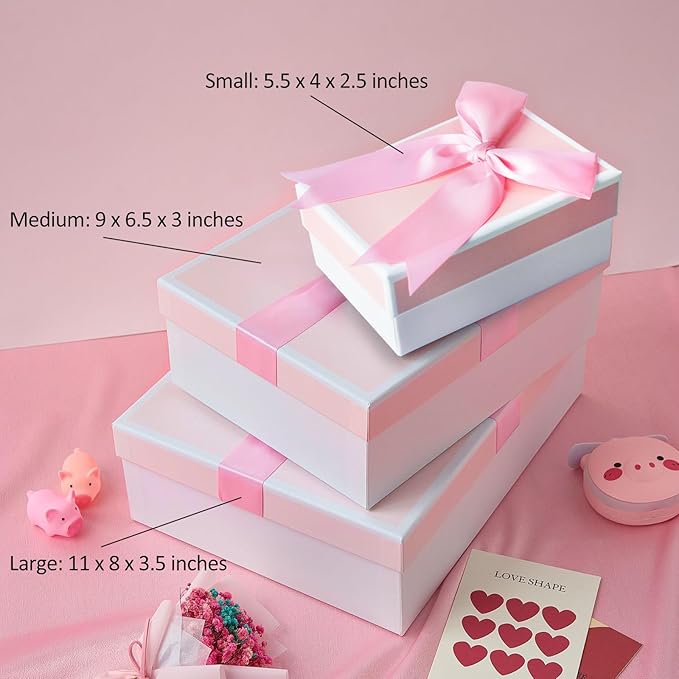 Airuisike Gift Boxes With Lids For Presents, Set Of 3 Pink Gift Wrap Boxes With Ribbon, Assorted Boxes For Presents, Sturdy & Pre-Wrapped Gift Box