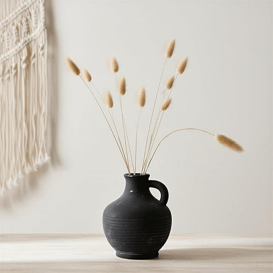 6-Inch Black Ceramic Flower Vase with Handles, Rustic Farmhouse Boho Pottery Centerpiece for Table, Living Room, Shelf & Mantel