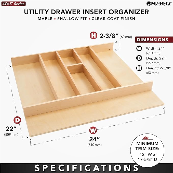 Rev-A-Shelf Trim-to-Fit Shallow Drawer Organizer for Kitchen Utensils, Cutlery Cabinet Storage Divider Insert, 23.98 x 21.97 in, Maple Wood, 4WUT-3SH